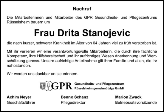 Traueranzeige von Drita Stanojevic von Rüsselsheimer Echo