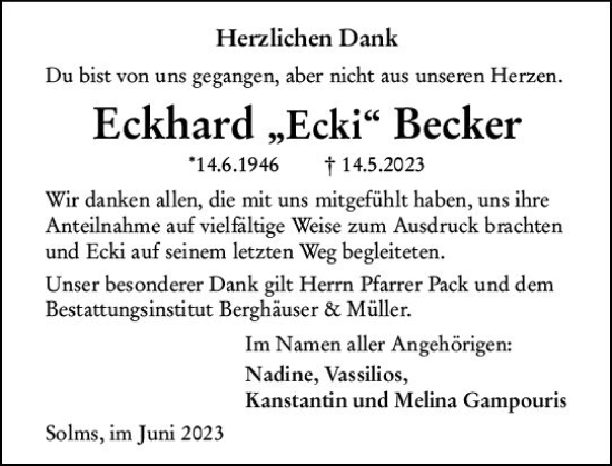 Traueranzeige von Eckhard Becker von Wetzlarer Neue Zeitung