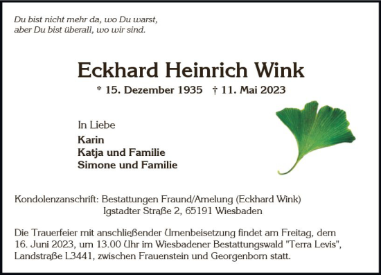 Traueranzeige von Eckhard Heinrich Wink von Wiesbadener Kurier