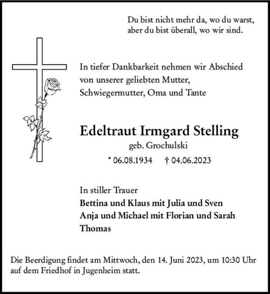  Traueranzeige für Edeltraut Irmgard Stelling vom 10.06.2023 aus Darmstädter Echo