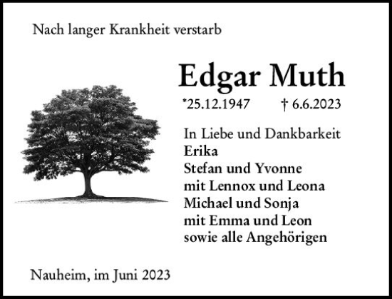 Traueranzeige von Edgar Muth von Rüsselsheimer Echo