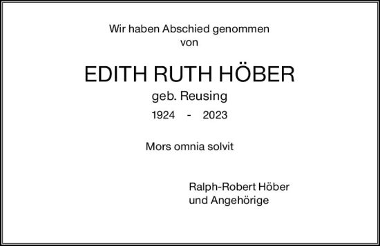 Traueranzeige von Edith Ruth Höber von Wiesbadener Kurier