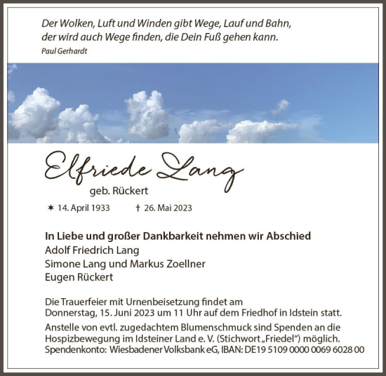Traueranzeige von Elfriede Lang von Idsteiner Land/Untertaunus