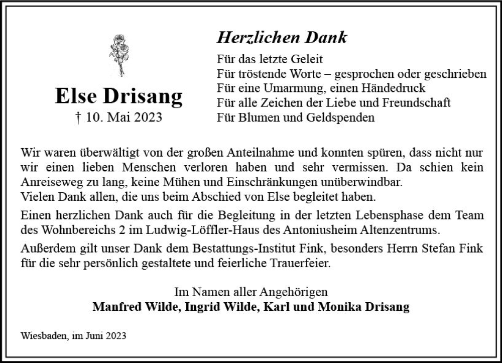 Traueranzeige für Else Drisang vom 01.07.2023 aus Wiesbadener Kurier