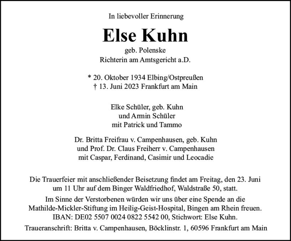  Traueranzeige für Else Kuhn vom 17.06.2023 aus Allgemeine Zeitung Bingen/Ingelheim