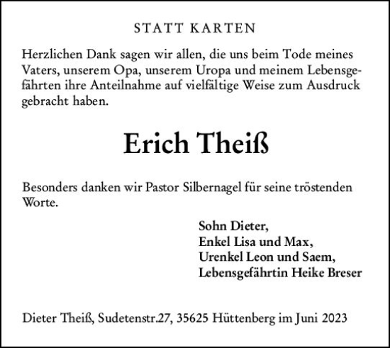 Traueranzeige von Erich Theiß von Wetzlarer Neue Zeitung