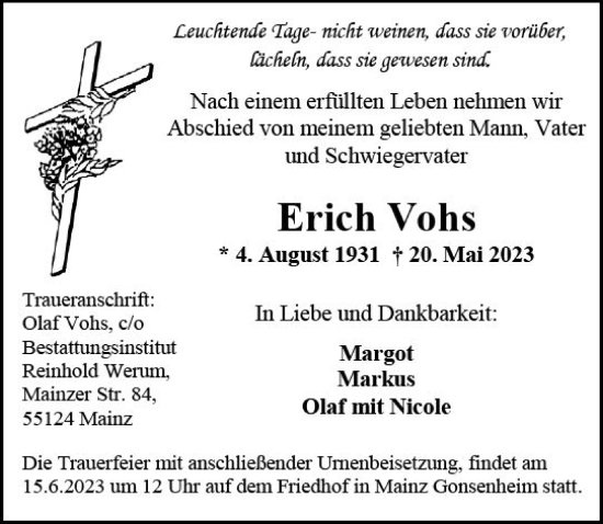 Traueranzeige von Erich Vohs von Allgemeine Zeitung Mainz