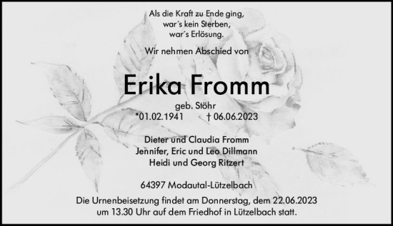 Traueranzeige von Erika Fromme von Darmstädter Echo