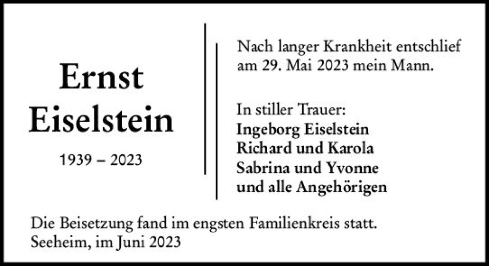  Traueranzeige für Ernst Eiselstein vom 17.06.2023 aus Darmstädter Echo
