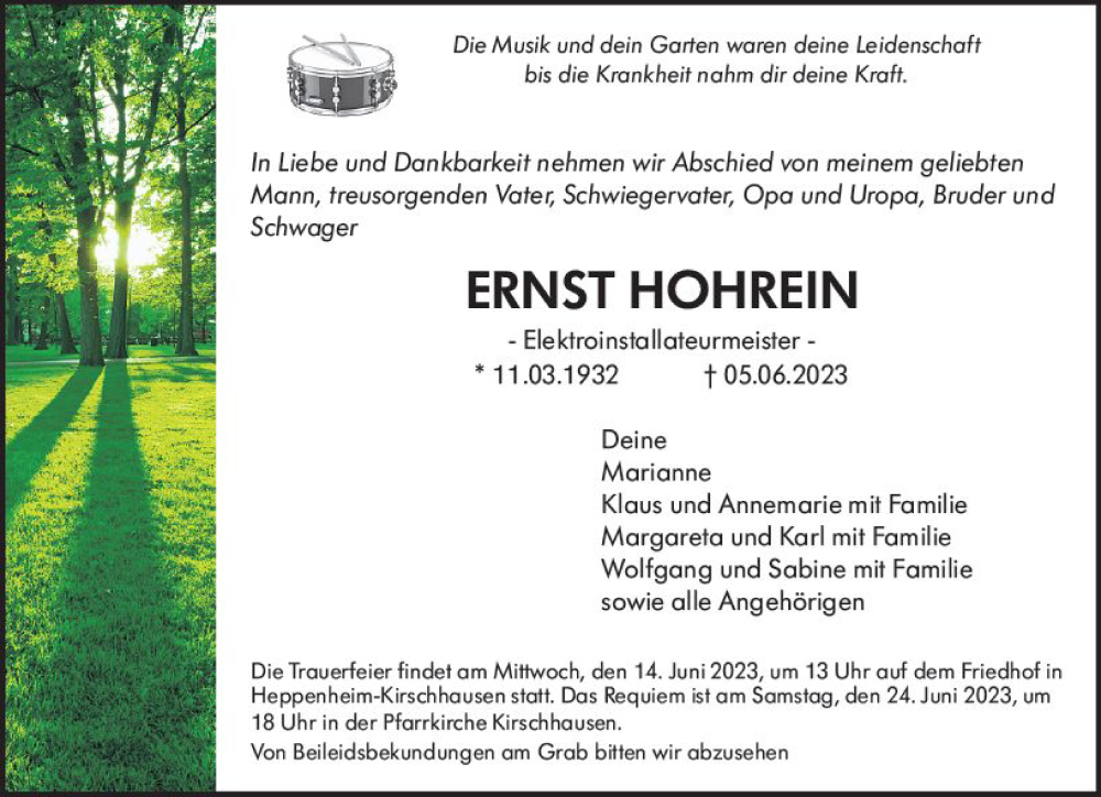  Traueranzeige für Ernst Hohrein vom 10.06.2023 aus Starkenburger Echo