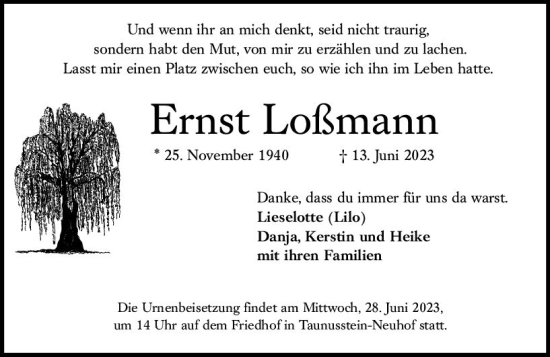 Traueranzeige von Ernst Loßmann von Idsteiner Land/Untertaunus