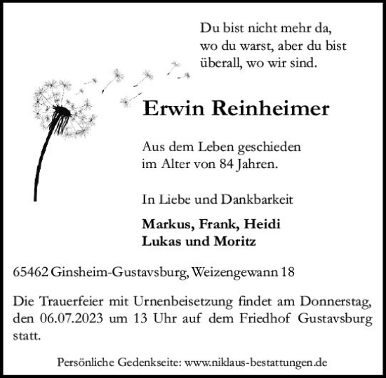 Traueranzeige von Erwin Reinheimer von Allgemeine Zeitung Mainz