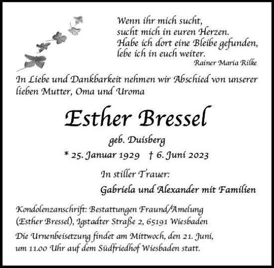Traueranzeige von Esther Bressel von Wiesbadener Kurier
