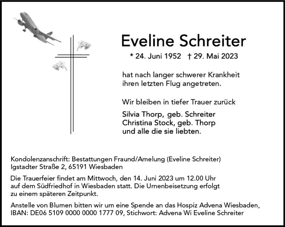  Traueranzeige für Eveline Schreiter vom 10.06.2023 aus Wiesbadener Kurier