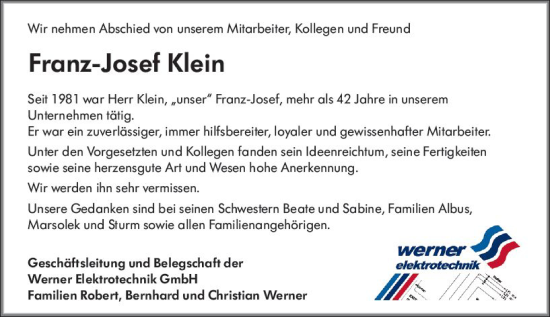 Traueranzeige von Franz-Josef Klein von Wiesbadener Kurier