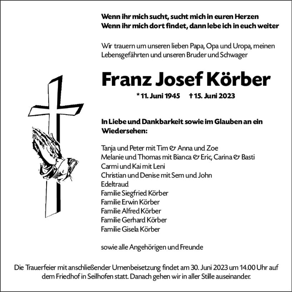  Traueranzeige für Franz Josef Körber vom 26.06.2023 aus Dill Block