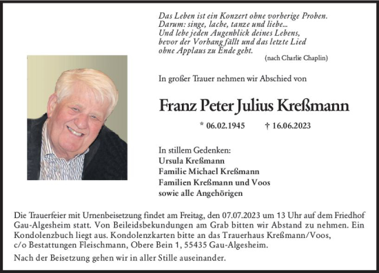 Traueranzeige von Franz Peter Julius Kreßmann von Allgemeine Zeitung Bingen/Ingelheim