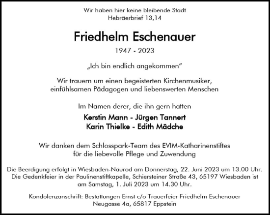 Traueranzeige von Friedhelm Eschenauer von Wiesbadener Kurier
