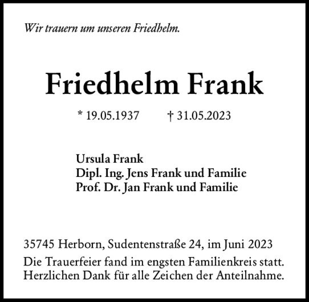  Traueranzeige für Friedhelm Frank vom 10.06.2023 aus Dill Block