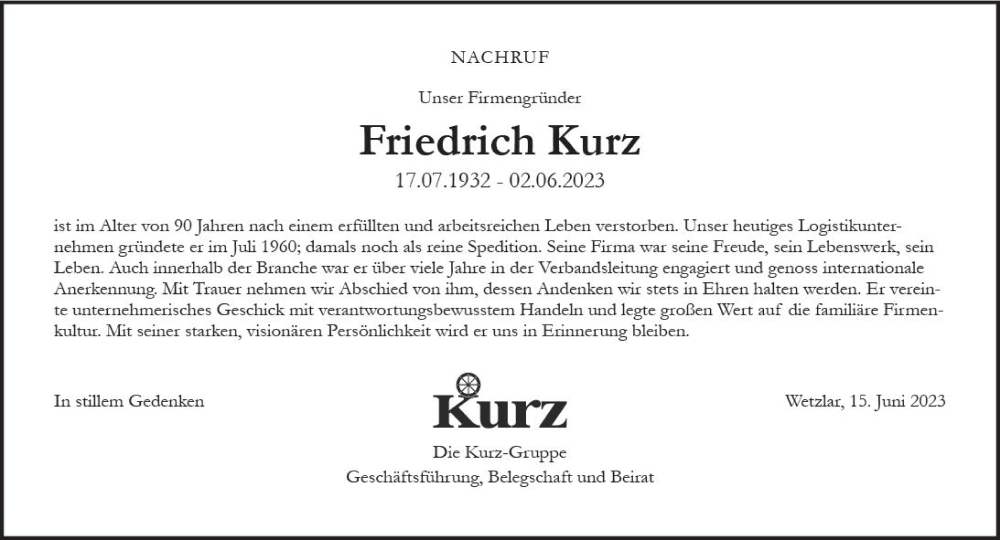  Traueranzeige für Friedrich Kurz vom 15.06.2023 aus Wetzlarer Neue Zeitung