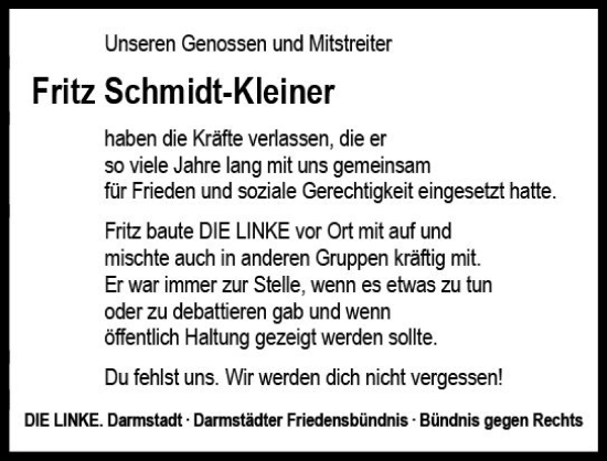 Traueranzeige von Fritz Schmidt-Kleiner von Darmstädter Echo