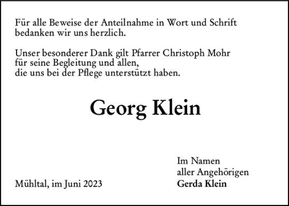  Traueranzeige für Georg Klein vom 10.06.2023 aus Darmstädter Echo