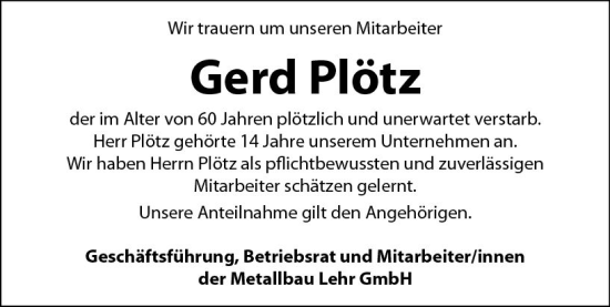 Traueranzeige von Gerd Plötz von Allgemeine Zeitung Mainz
