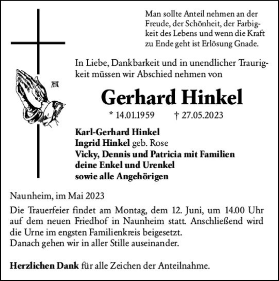 Traueranzeige von Gerhard Hinkel von Wetzlarer Neue Zeitung