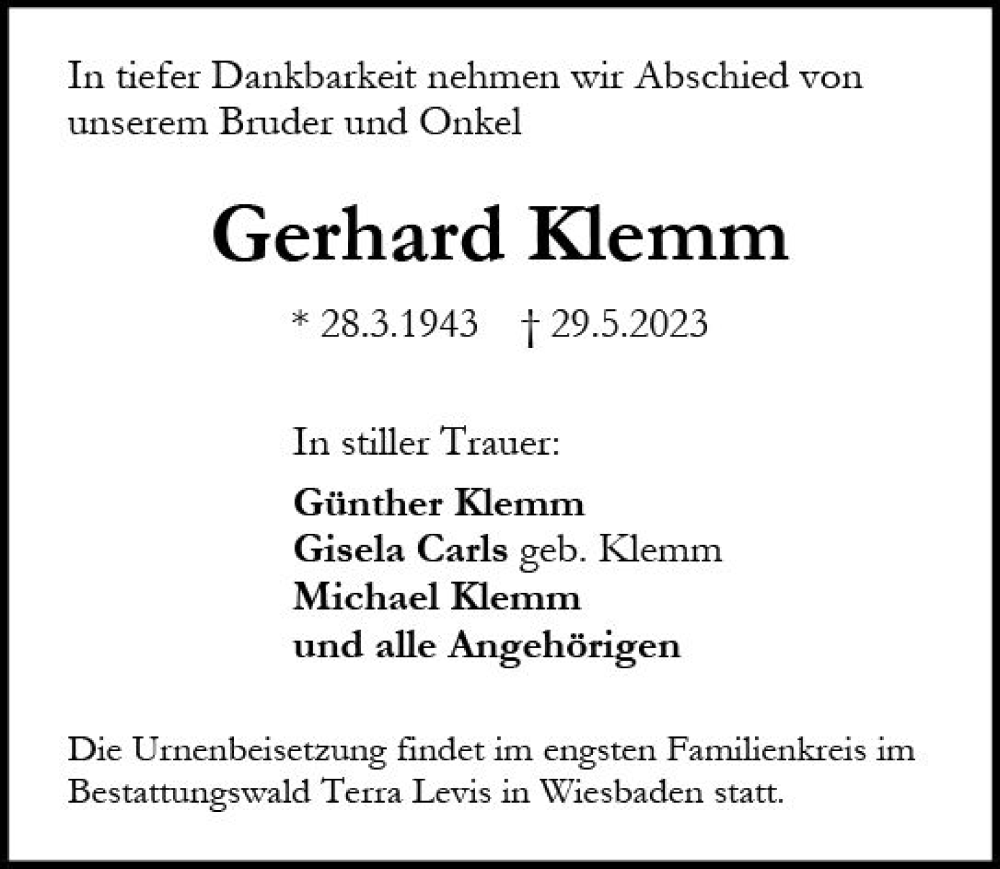  Traueranzeige für Gerhard Klemm vom 03.06.2023 aus Wiesbadener Kurier