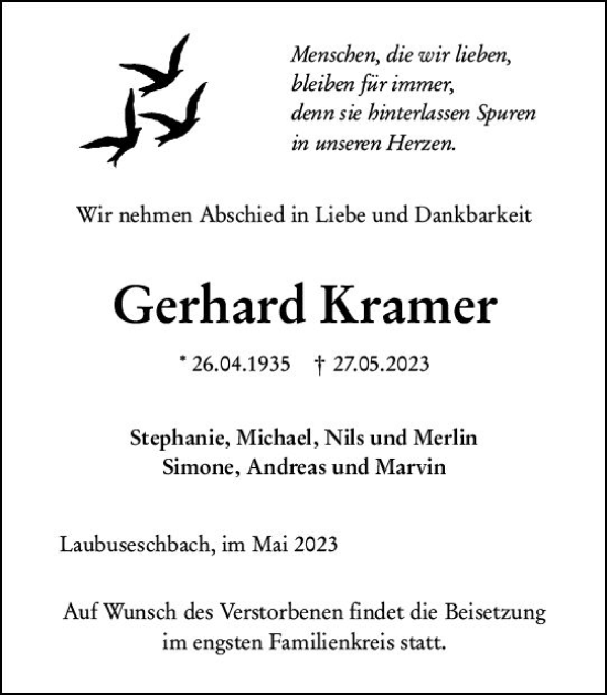 Traueranzeige von Gerhard Kramer von Weilburger Tageblatt