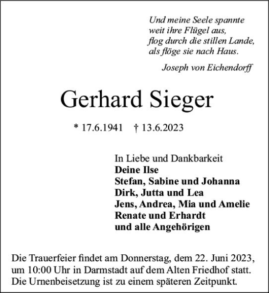 Traueranzeige von Gerhard Sieger von Darmstädter Echo