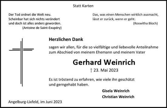 Traueranzeige von Gerhard Weinrich von Hinterländer Anzeiger