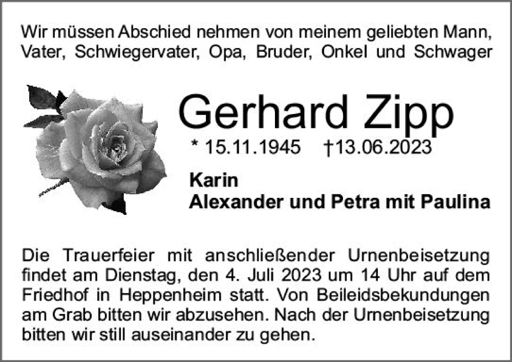 Traueranzeige für Gerhard Zipp vom 30.06.2023 aus Starkenburger Echo