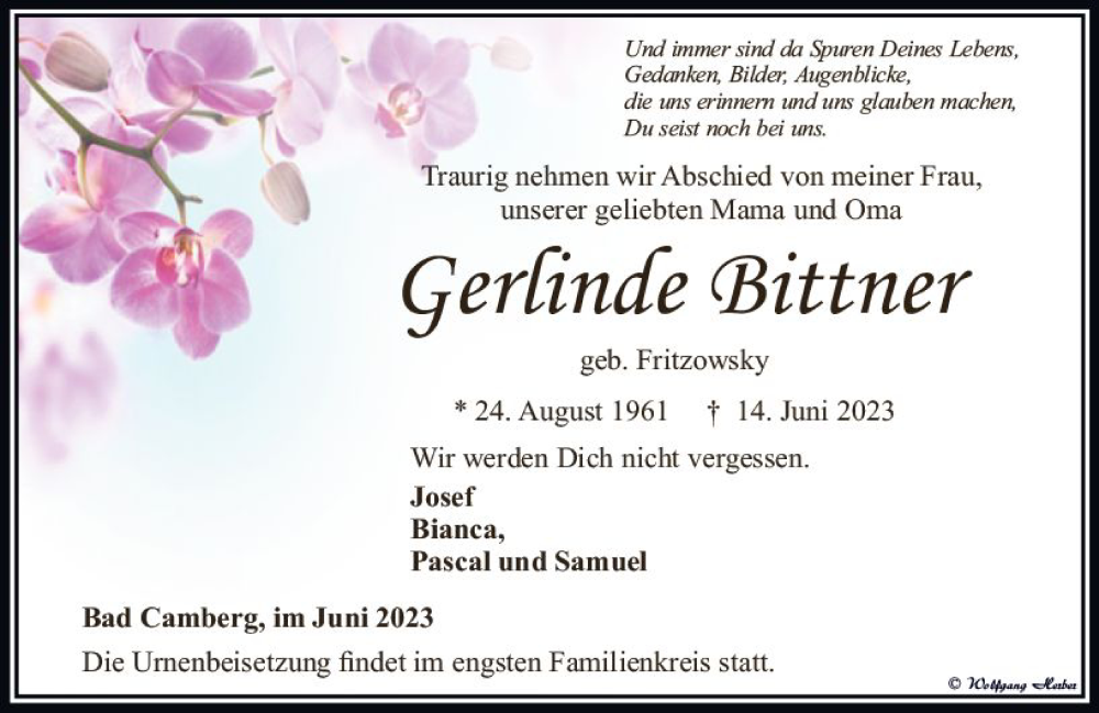  Traueranzeige für Gerlinde Bittner vom 22.06.2023 aus Camberger Anzeiger