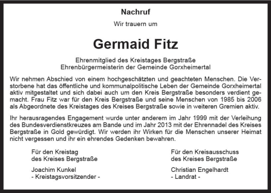 Traueranzeige von Germaid Fitz von Starkenburger Echo