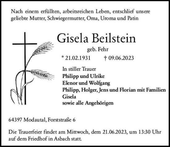 Traueranzeige von Gisela Beilstein von Darmstädter Echo