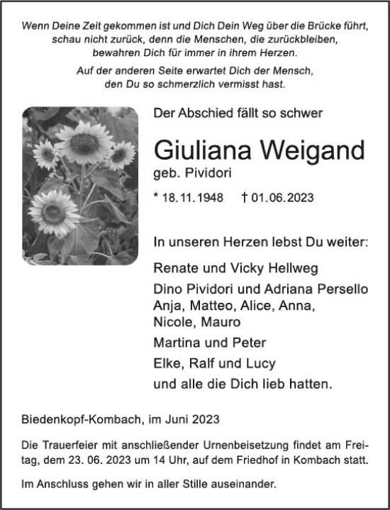 Traueranzeige von Giuliana Weigand von Hinterländer Anzeiger