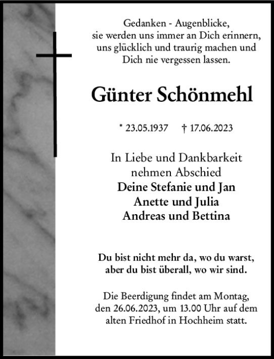 Traueranzeige von Günter Schönmehl von Hochheimer Zeitung