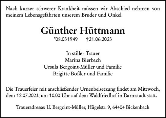 Traueranzeige von Günther Hüttmann von Darmstädter Echo