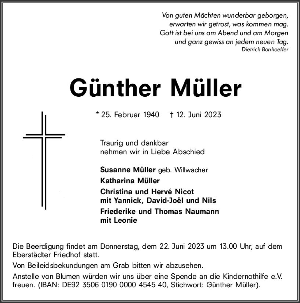  Traueranzeige für Günther Müller vom 17.06.2023 aus Darmstädter Echo