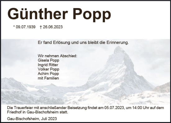 Traueranzeige von Günther Popp von Allgemeine Zeitung Mainz