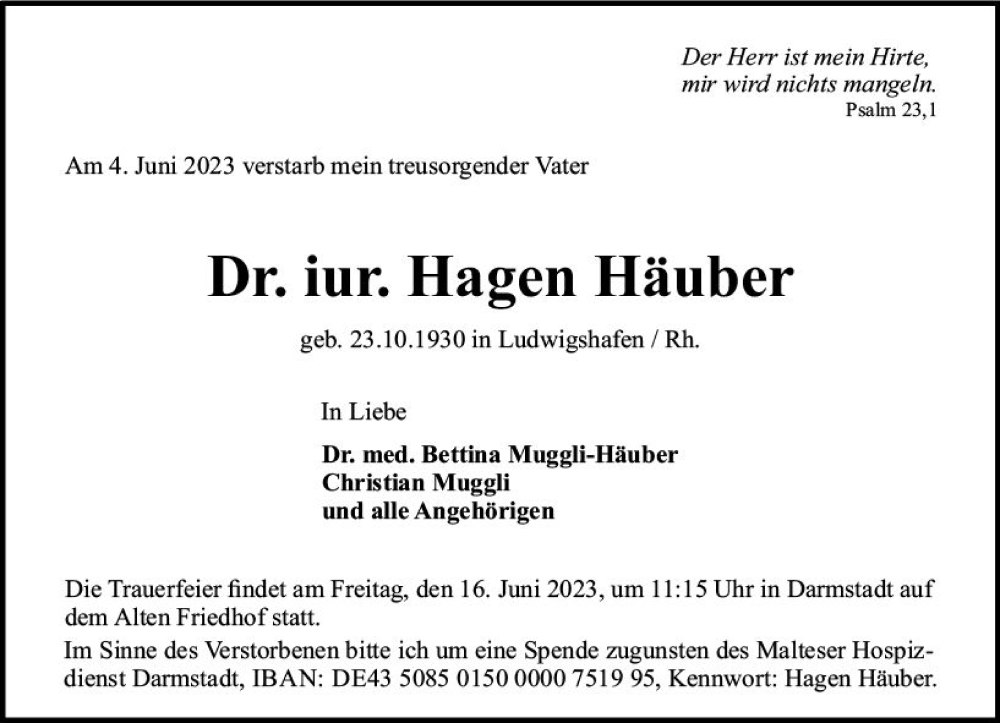  Traueranzeige für Hagen Häuber vom 10.06.2023 aus Darmstädter Echo