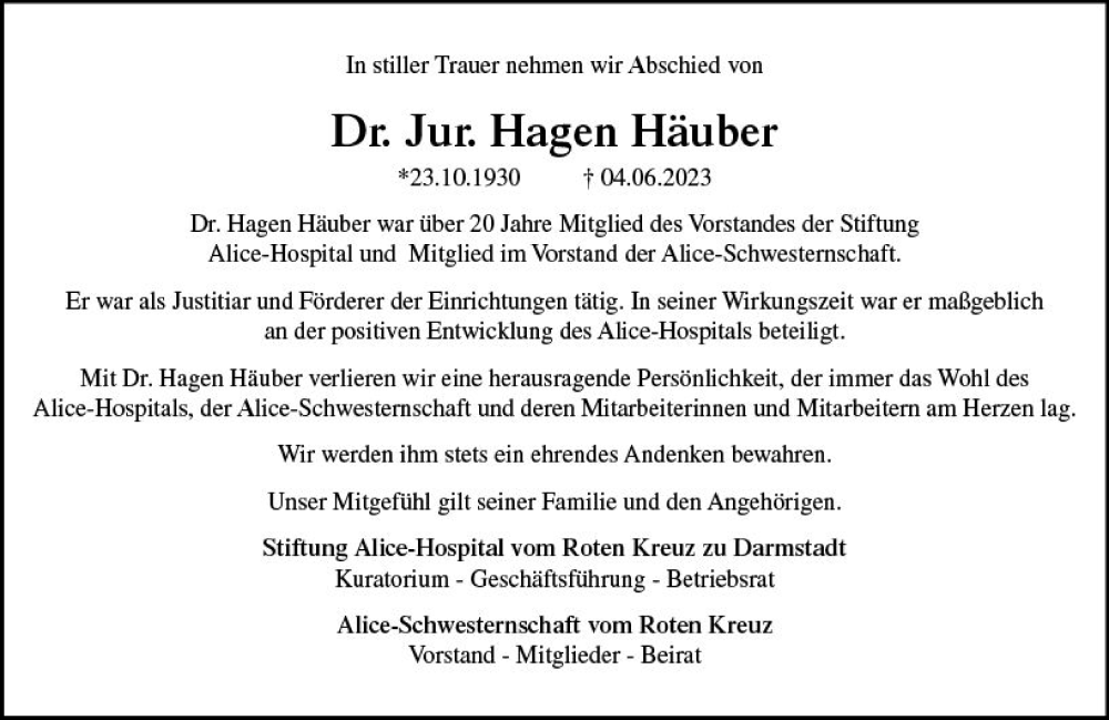  Traueranzeige für Hagen Häuber vom 17.06.2023 aus Darmstädter Echo