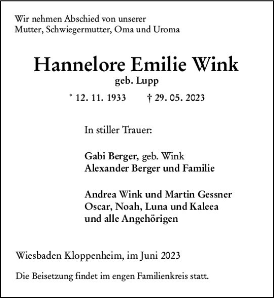 Traueranzeige von Hannelore Emilie Wink von Wiesbadener Kurier