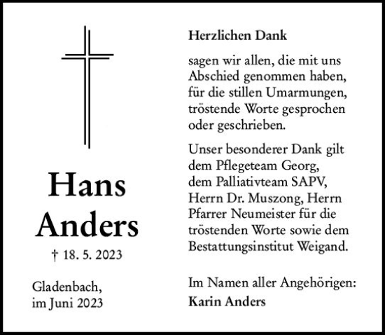 Traueranzeige von Hans Anders von Hinterländer Anzeiger