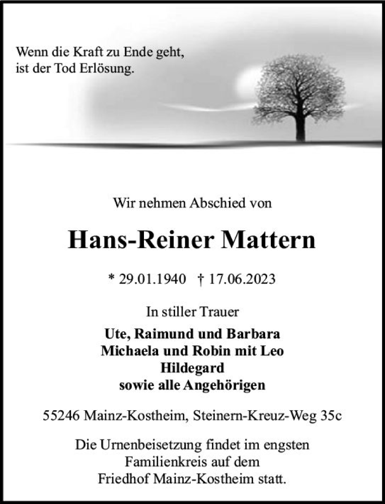  Traueranzeige für Hans-Reiner Mattem vom 24.06.2023 aus Allgemeine Zeitung Mainz