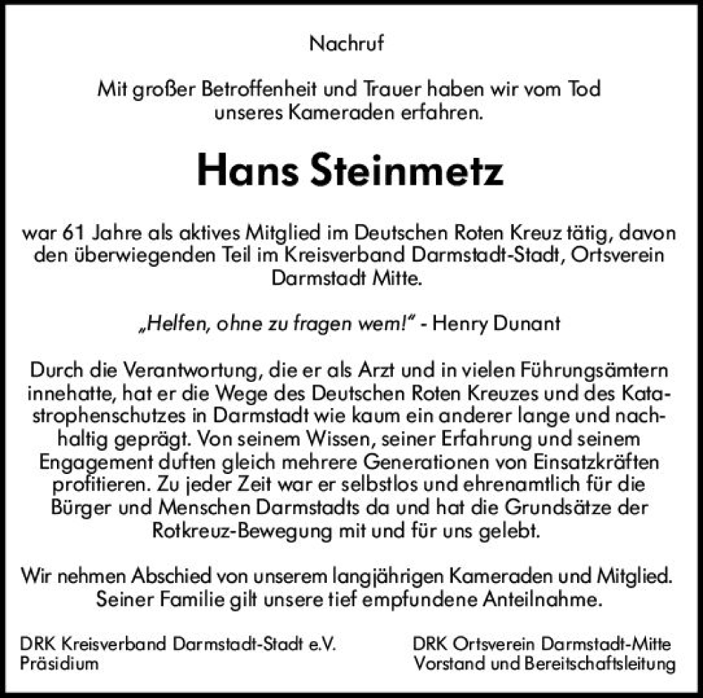  Traueranzeige für Hans Ernst Emil Steinmetz vom 03.06.2023 aus Darmstädter Echo