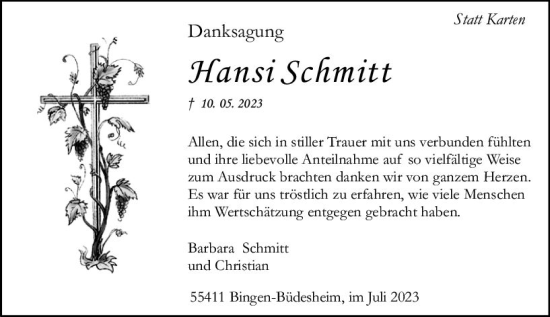 Traueranzeige von Hansi Schmitt von Allgemeine Zeitung Bingen/Ingelheim