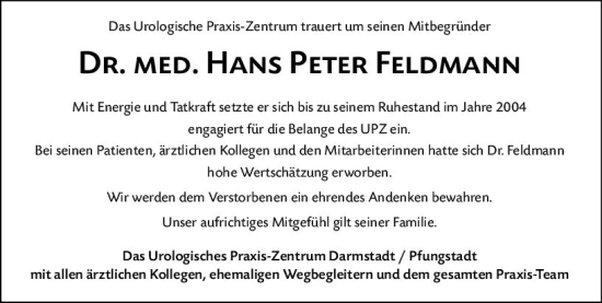 Traueranzeige von Hans Peter Feldmann von Darmstädter Echo