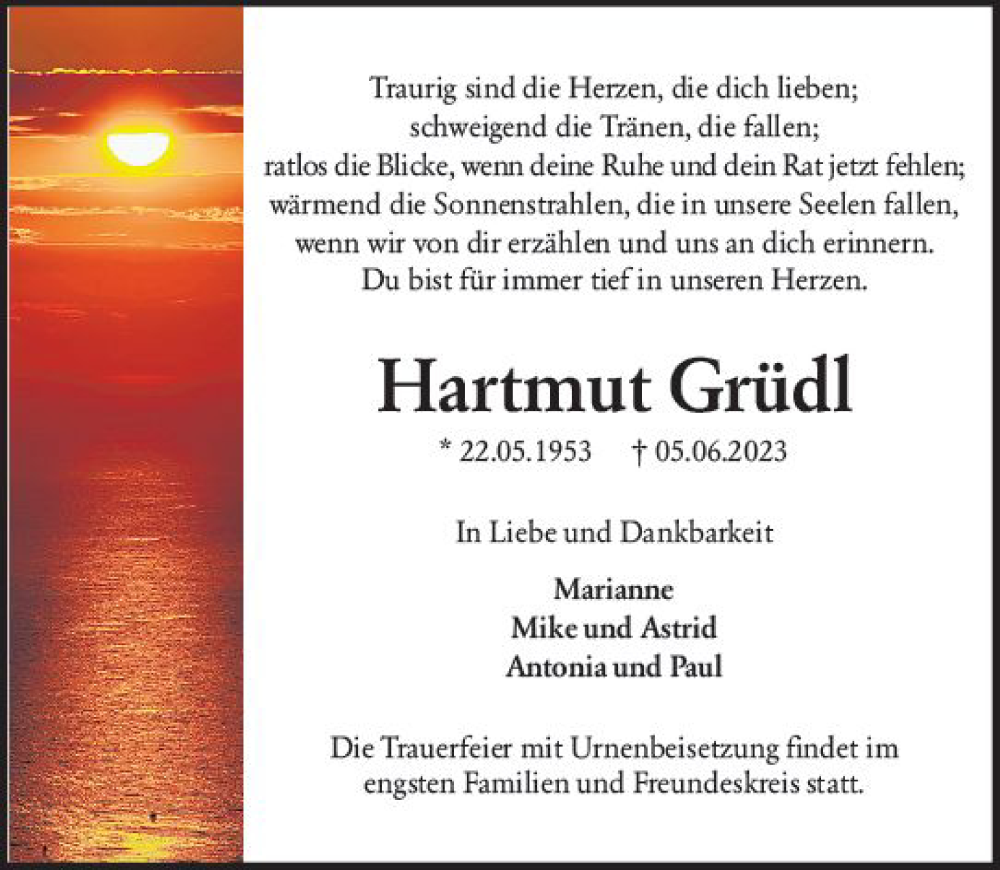  Traueranzeige für Hartmut Grüdl vom 10.06.2023 aus Darmstädter Echo
